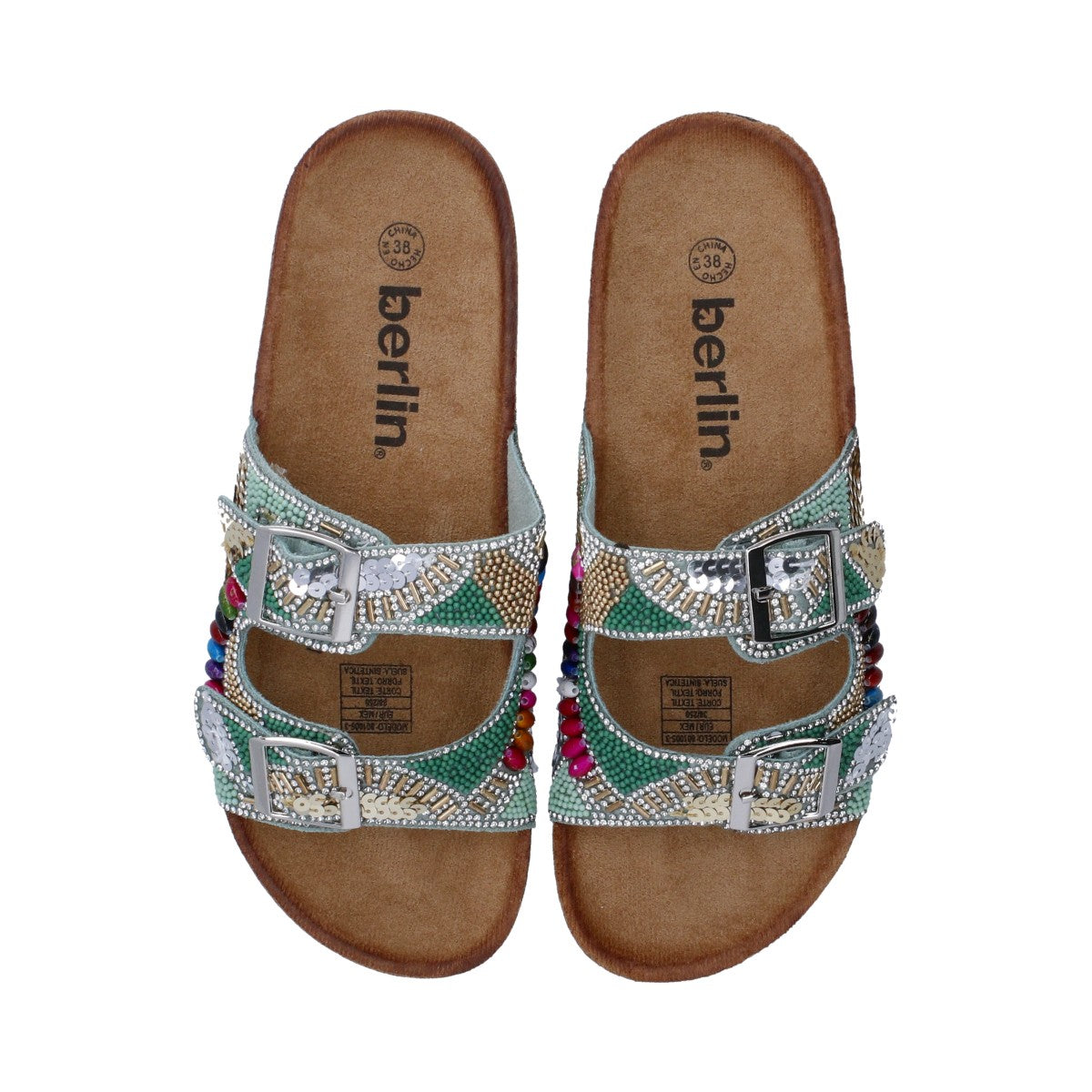 Sandalia Casual Dama Berlin Multicolor Verde Cristales Plata