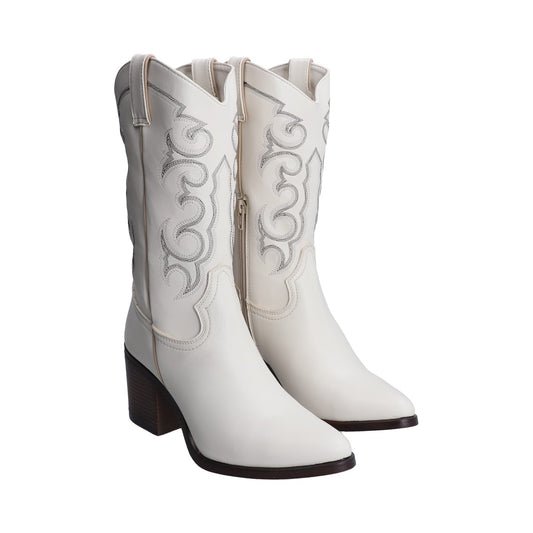Bota Dama Vaquera Beige Con Bordado