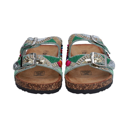 Sandalia Casual Dama Berlin Multicolor Verde Cristales Plata