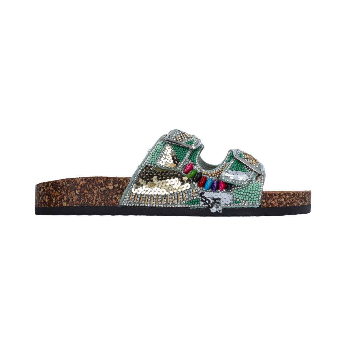 Sandalia Casual Dama Berlin Multicolor Verde Cristales Plata